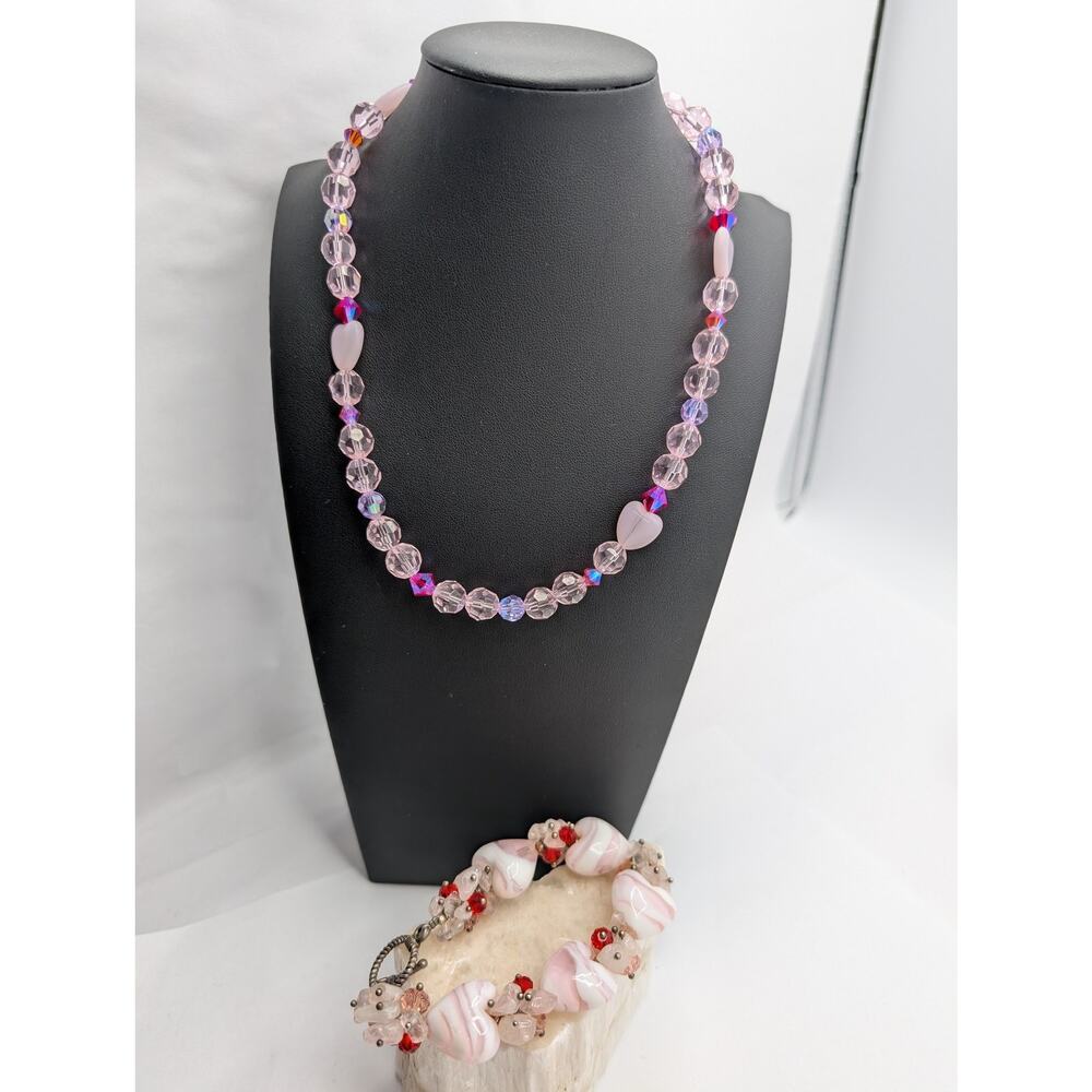 Pink Glass Bead & Heart Charm Necklace Toggle Clasp Fashion Jewelry Curated Set